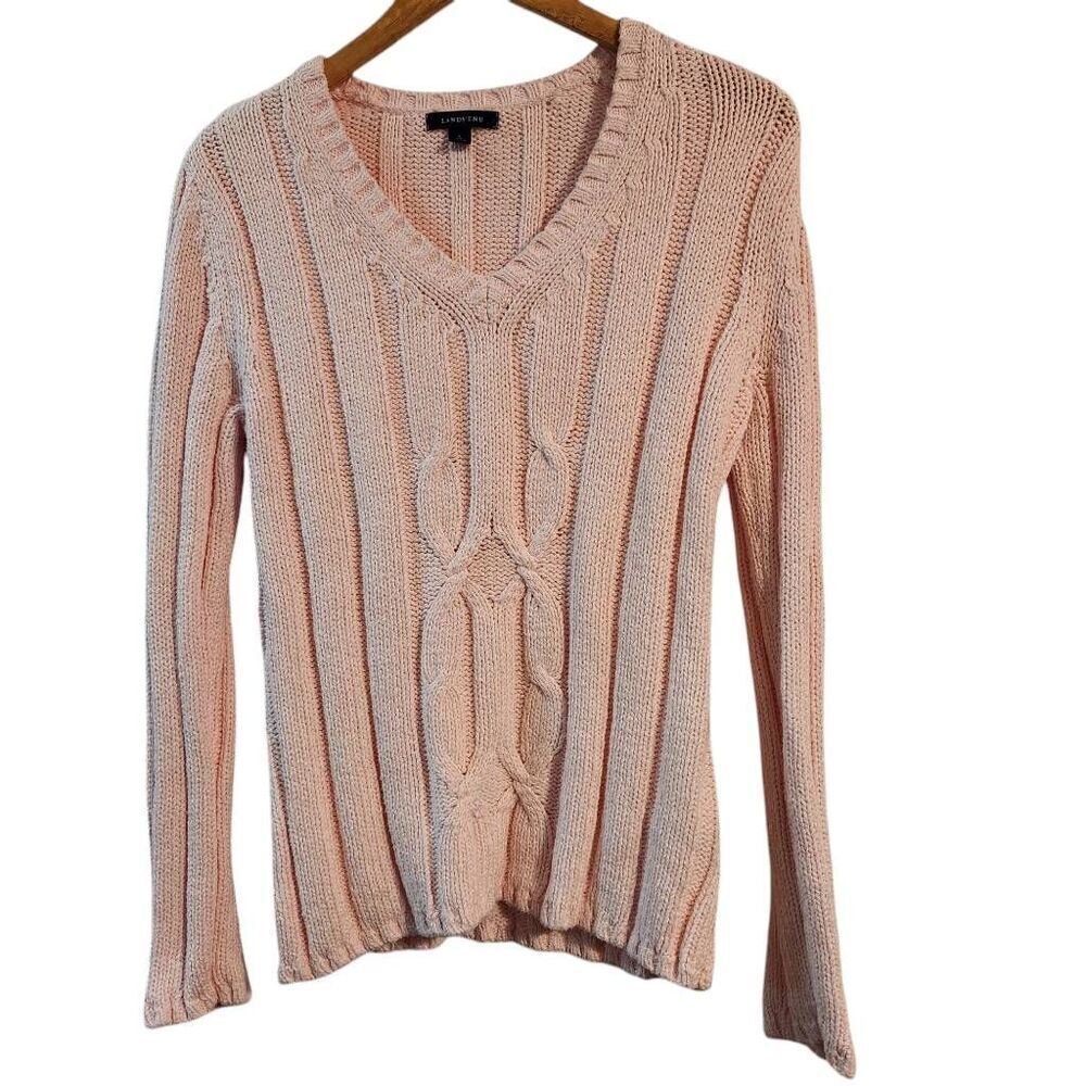 Vintage Lands End cable knit vneck pink sweater small 6-8